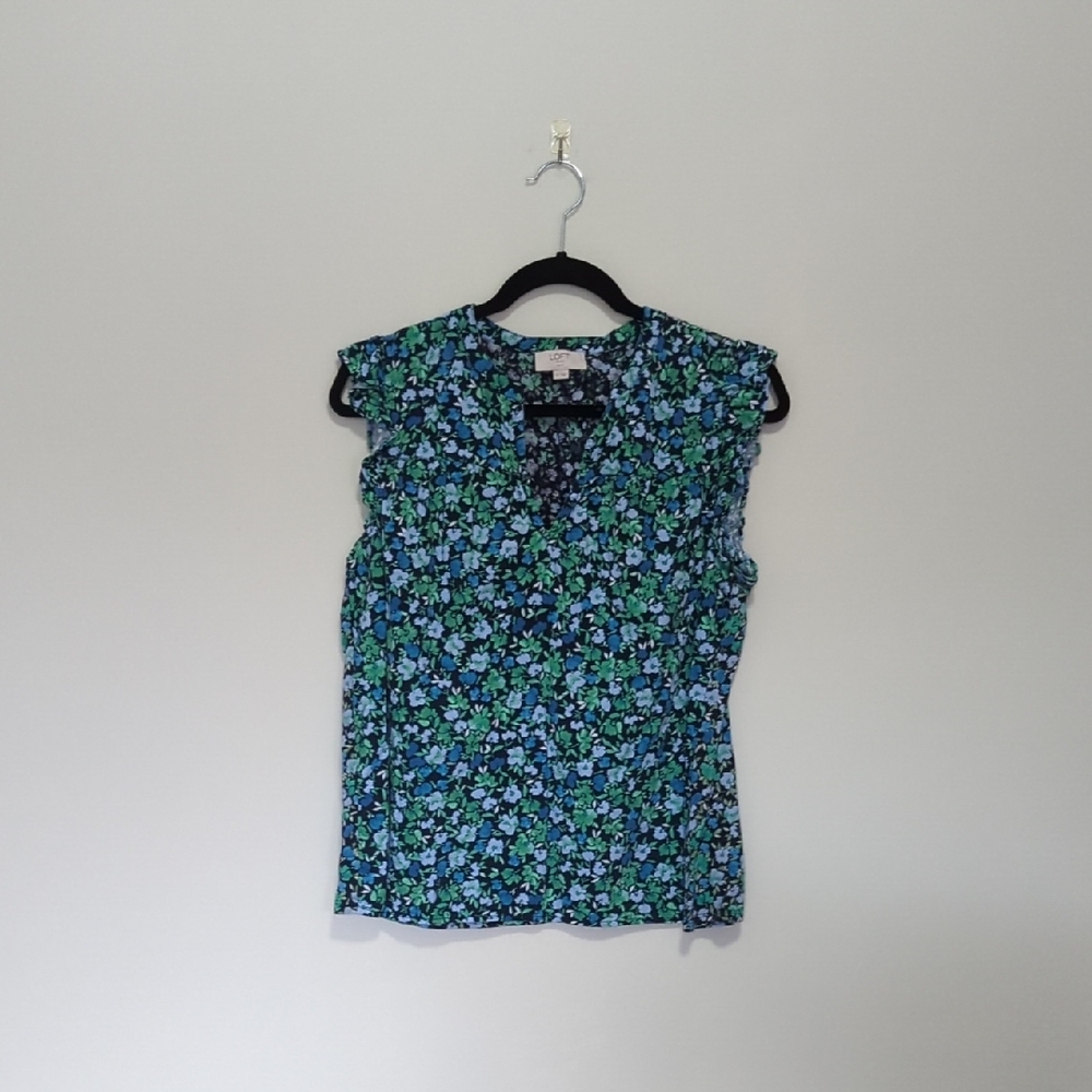 LOFT Blue & Green Floral Cap-Sleeve V-Neck Top